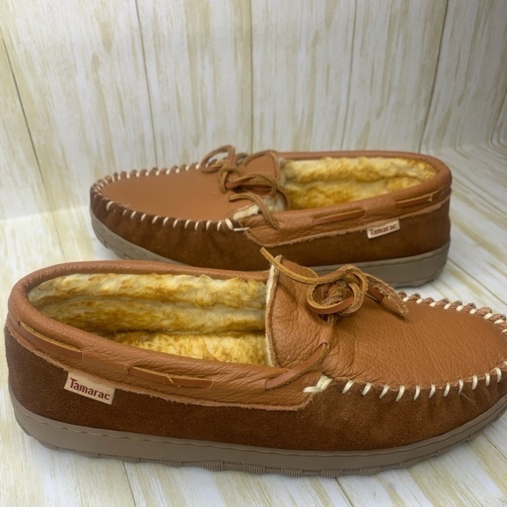 Mens Tamarac Brown/Tan Cowhide Leather Moccasin Slippers Sz 8 Pre‎ owned